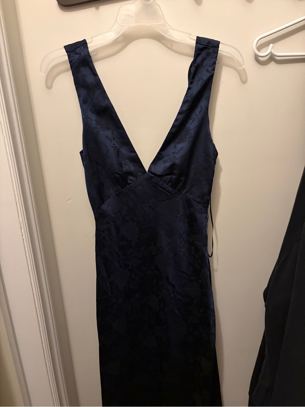 Backless Deep Navy Floral Satin V-Neck Dress